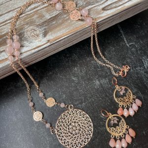 Rose Quartz Medallion Necklace/Earing Set